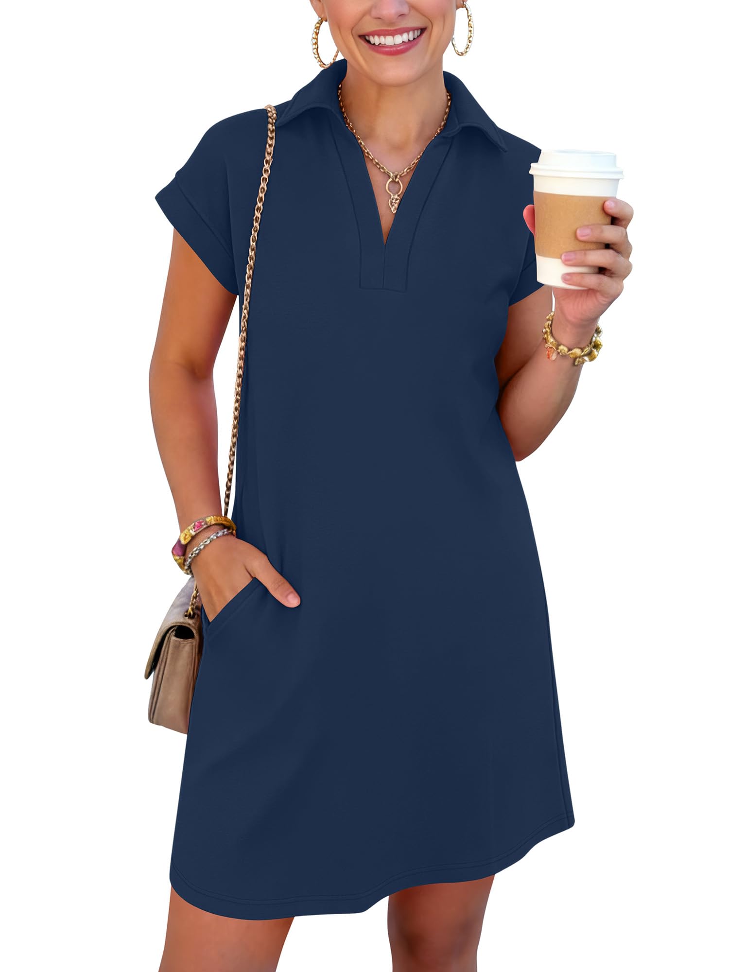 ANRABESS Women's 2026 Summer Collared V Neck Tshirt Dress Casual Cap Sleeve Spring Mini Vacation Dresses with Pockets