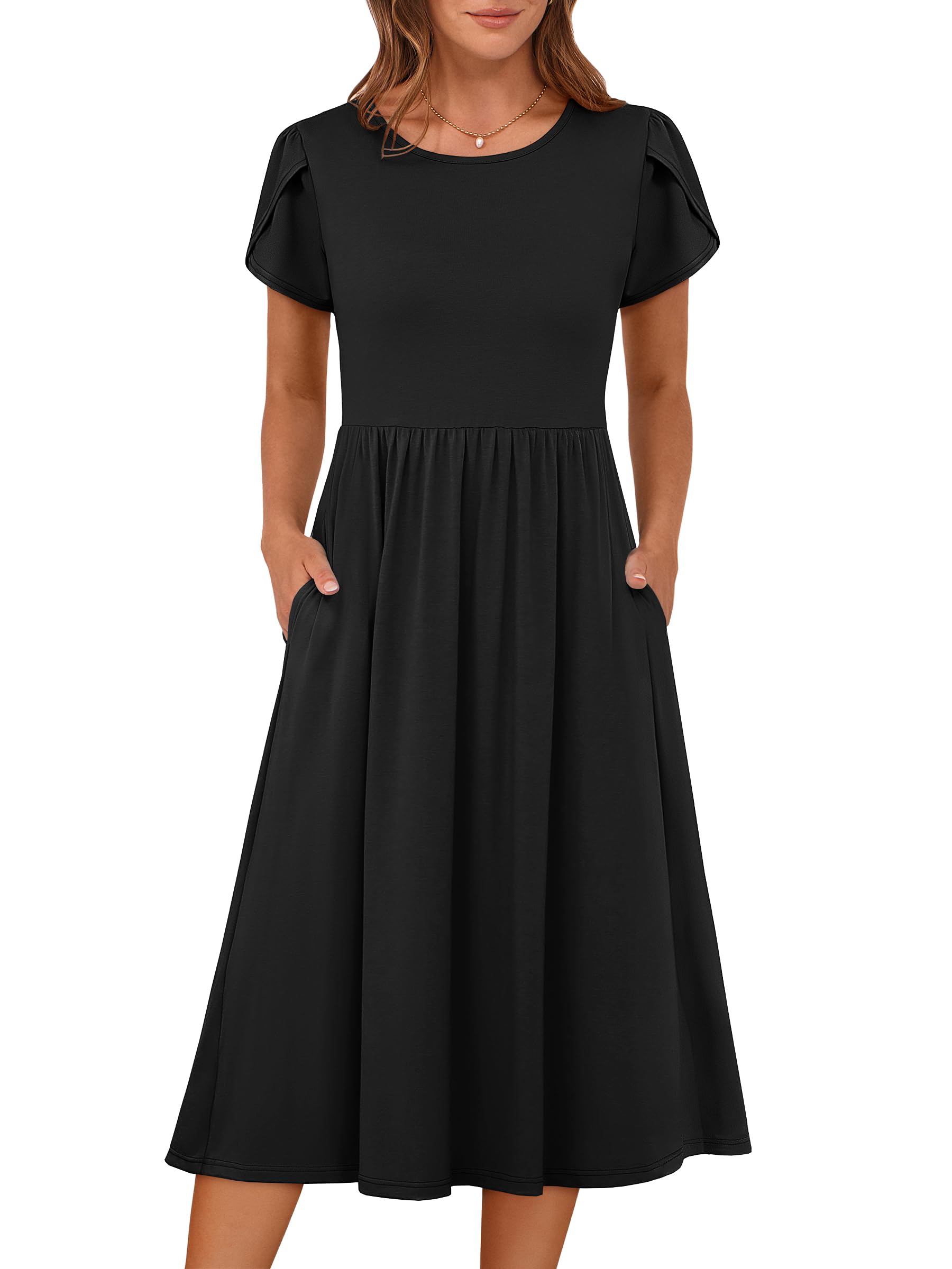 ANRABESS Women's Summer Petal Short Sleeve Midi Dress with Pockets