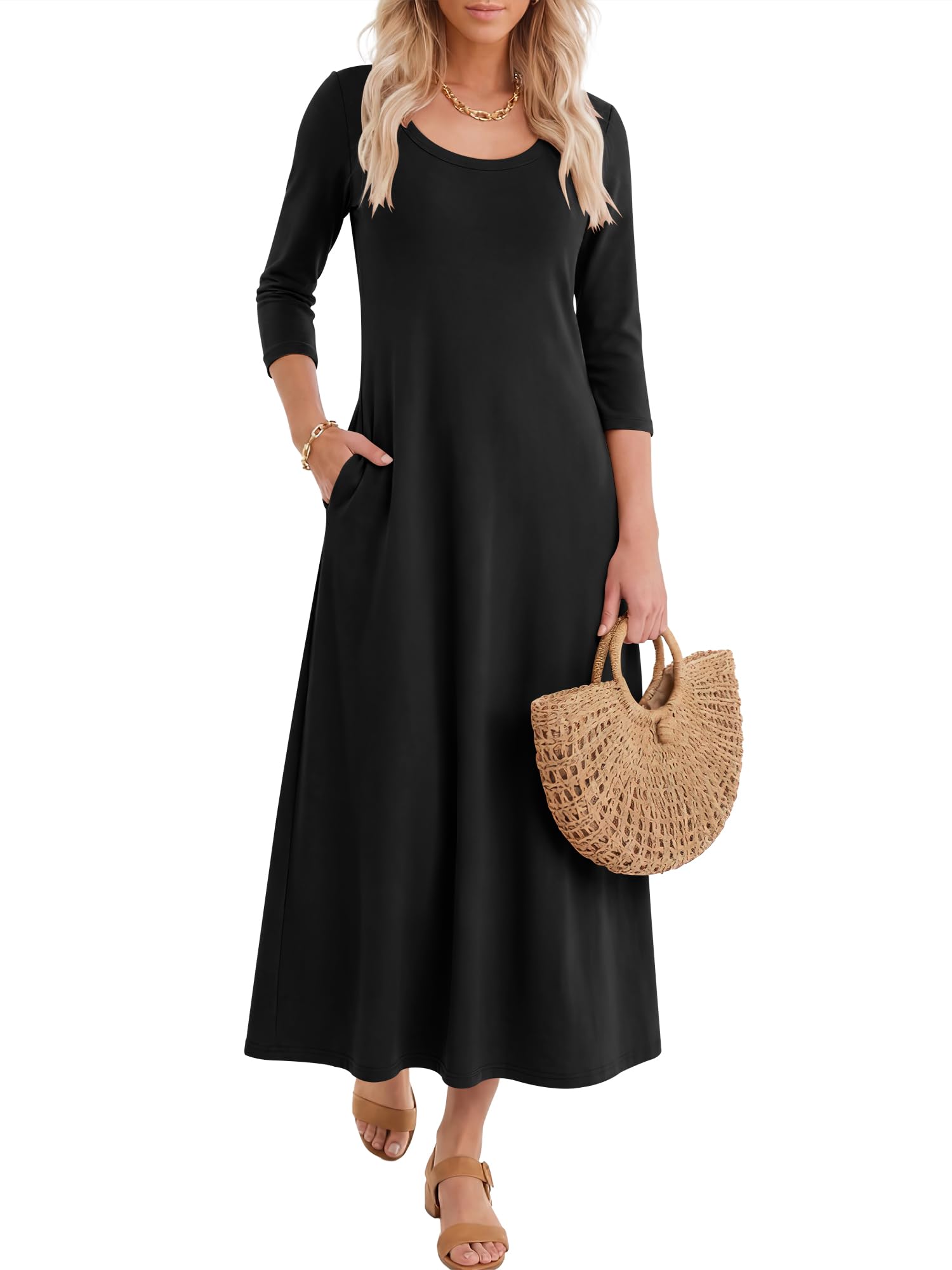 ANRABESS Womens 3/4 Sleeve Scoop Neck Casual Maxi Dress
