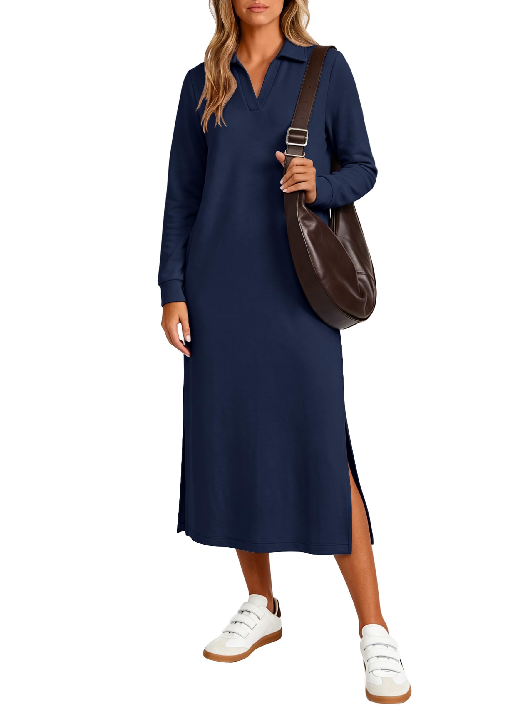 ANRABESS Womens Fall Long Sleeve Polo V-Neck Maxi Dresses