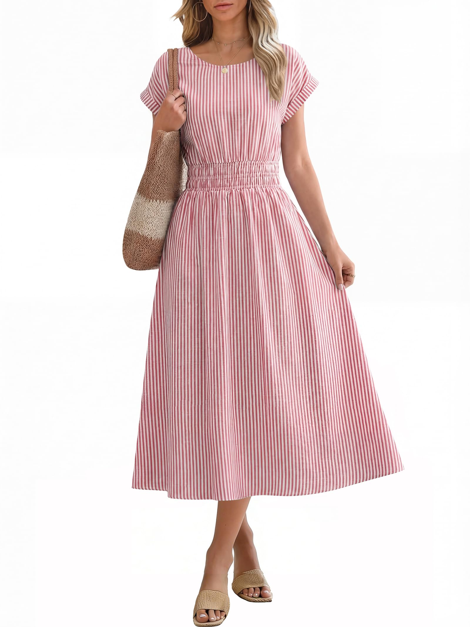 ANRABESS Womens Summer Midi Dress Striped Casual Short Sleeve Crewneck Elastic Waist 2026 Flowy Long Beach Dress with Pockets