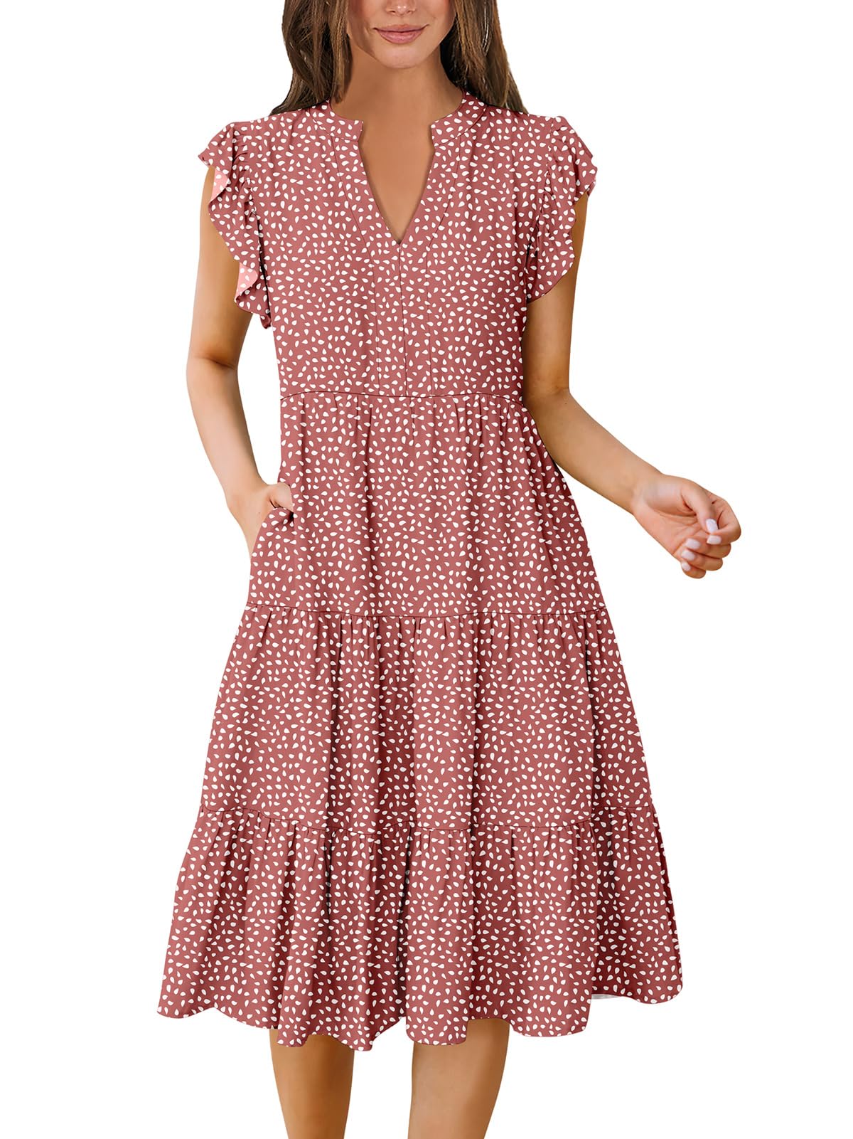 ANRABESS Womens Summer Dress Ruffle Sleeve V Neck Midi Dresses