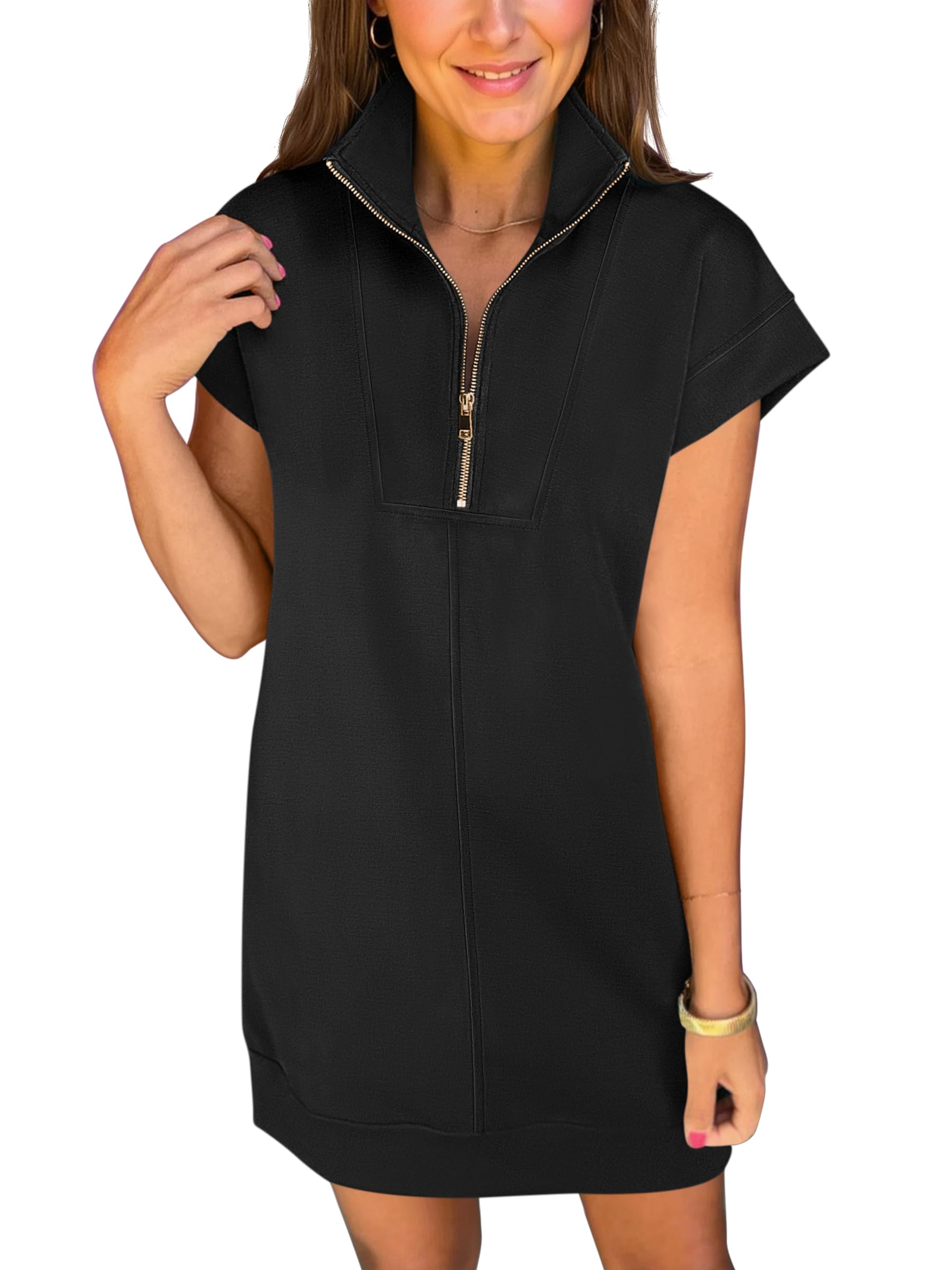 ANRABESS Womens Summer Casual Half Zip Cap Sleeve Trendy Wrinkle-Free Tshirt Dress 2026 Spring Beach Vacation Short Dresses