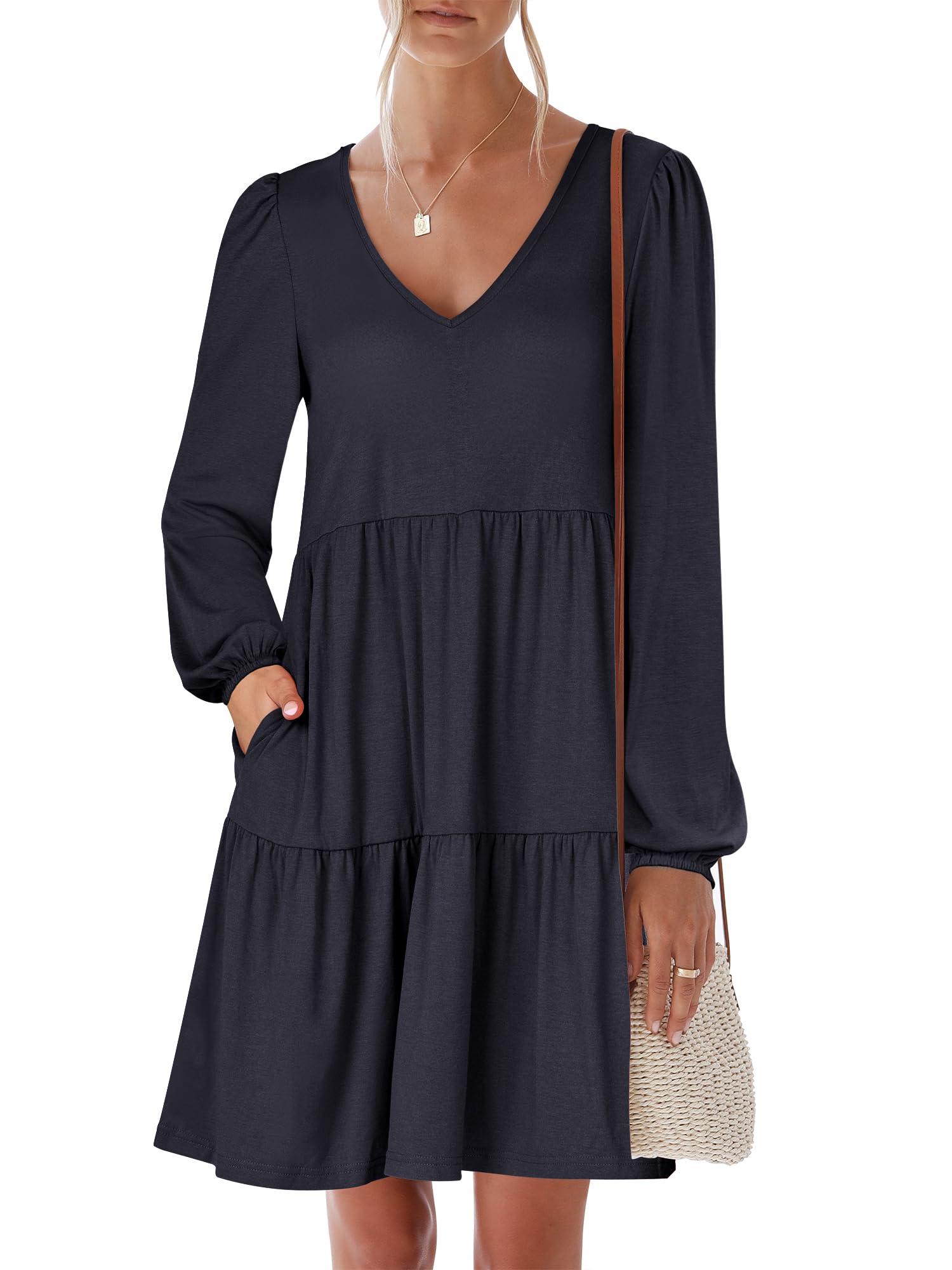 ANRABESS Womens Fall Long Sleeve V Neck Casual Short Dress