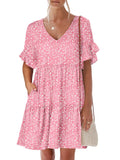 ANRABESS Dresses for Women Summer 2026 V Neck Ruffle Sleeve A Line Tiered Flowy Casual Trendy Mini Beach Dress with Pockets