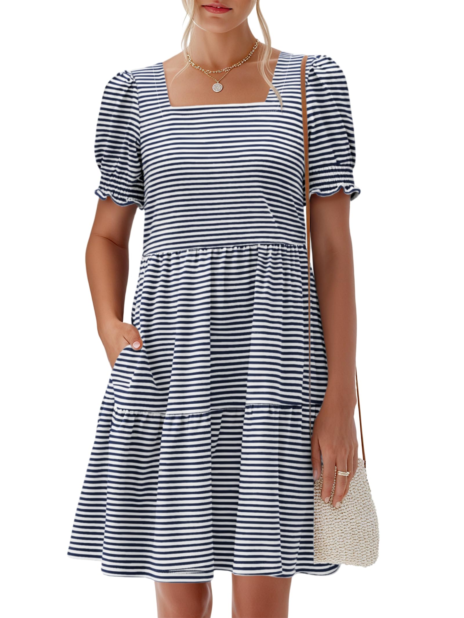 ANRABESS Women Summer Square Neck Puff Short Sleeve Mini Dress 2026 Casual Flowy Sundress Beach Vacation Clothes with Pockets