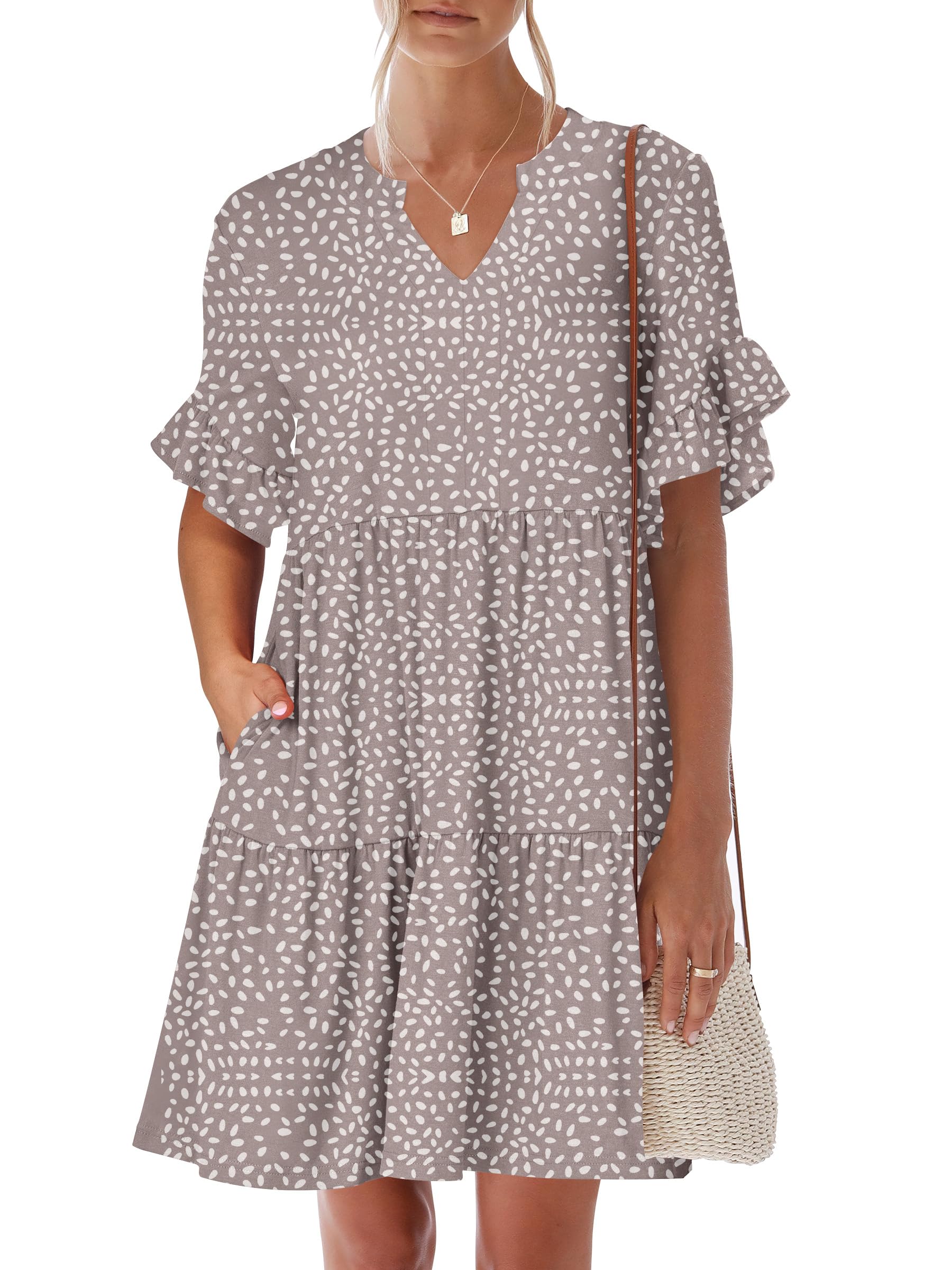 ANRABESS Women's Summer Casual Dress, V-Neck Ruffle Sleeve Tiered Mini Dress, Soft Comfy Fabric with Pockets for All-Day Wear
