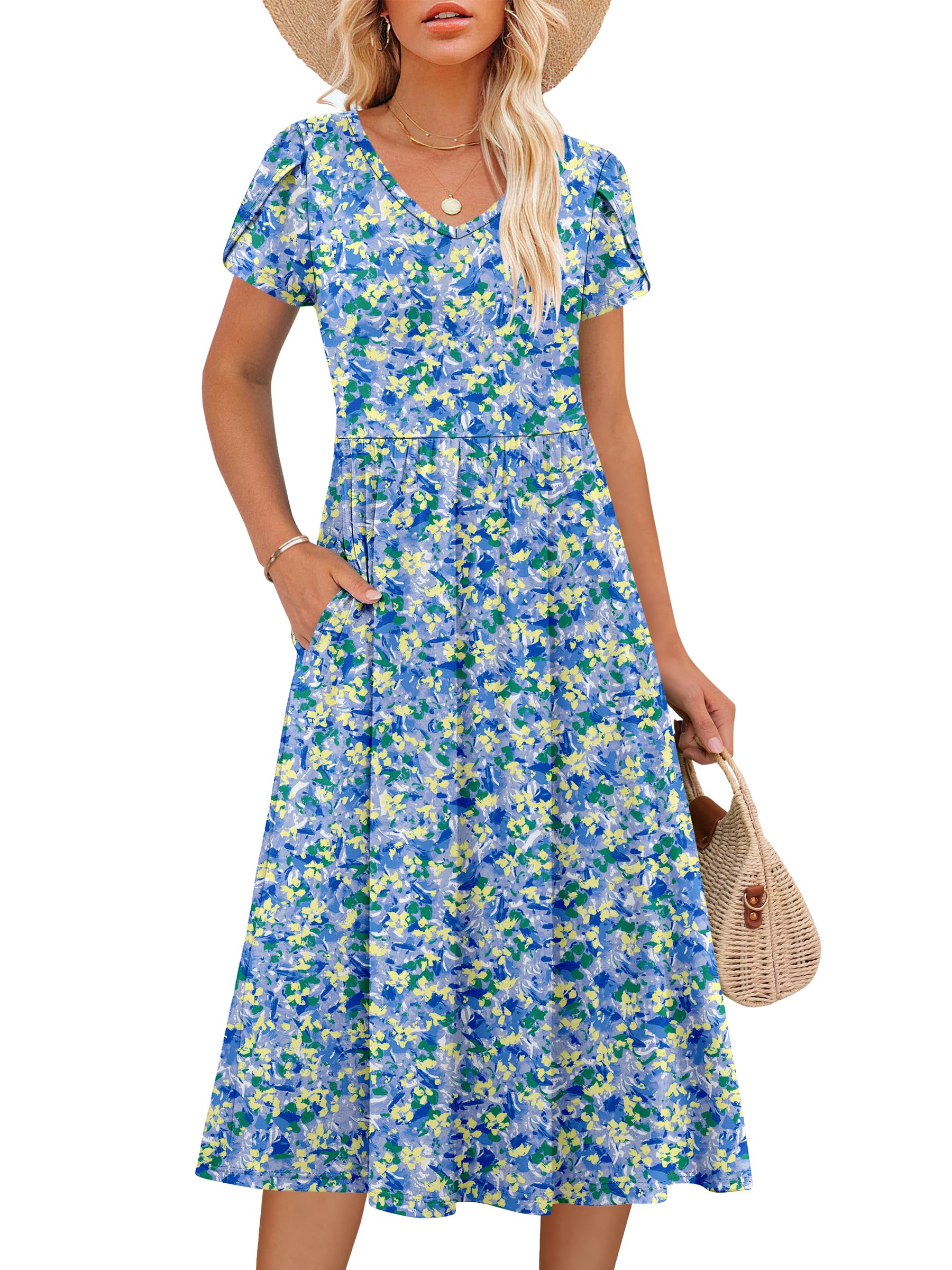 ANRABESS Women's Summer Patel Short Sleeve Midi Dress with Pockets