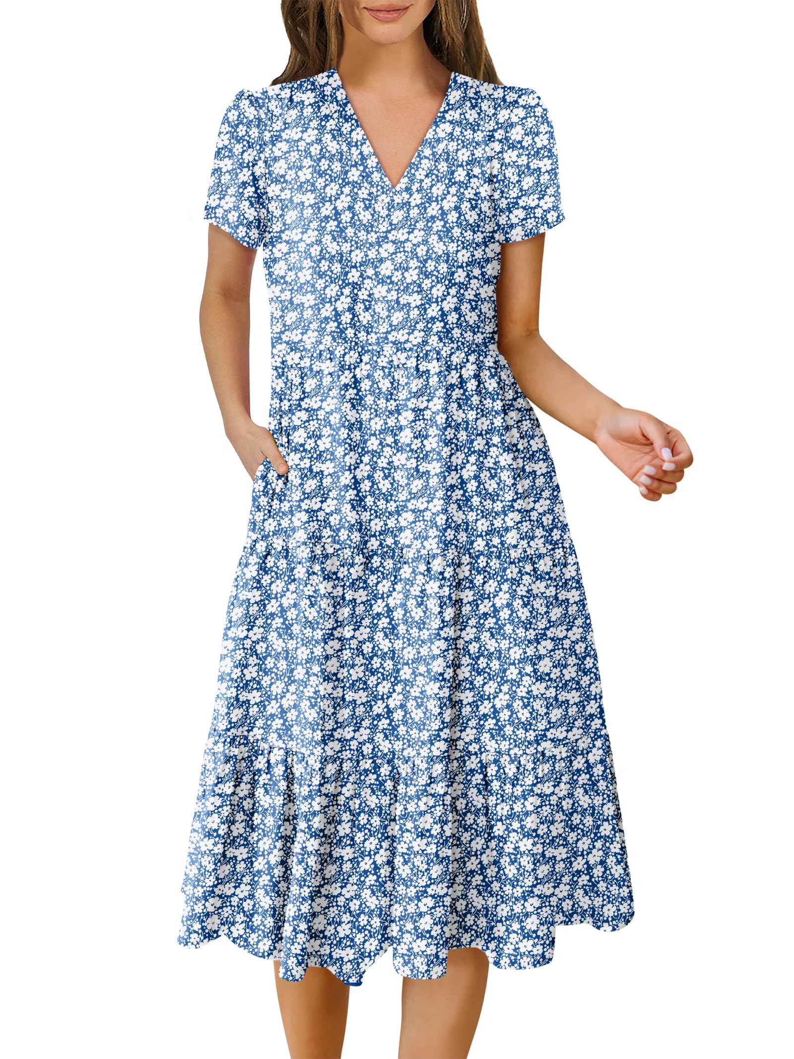 ANRABESS Women's Summer Casual Short Sleeve V Neck Midi Dresses 2026 Spring Flowy A-line Tiered T Shirts Boho Beach Dress
